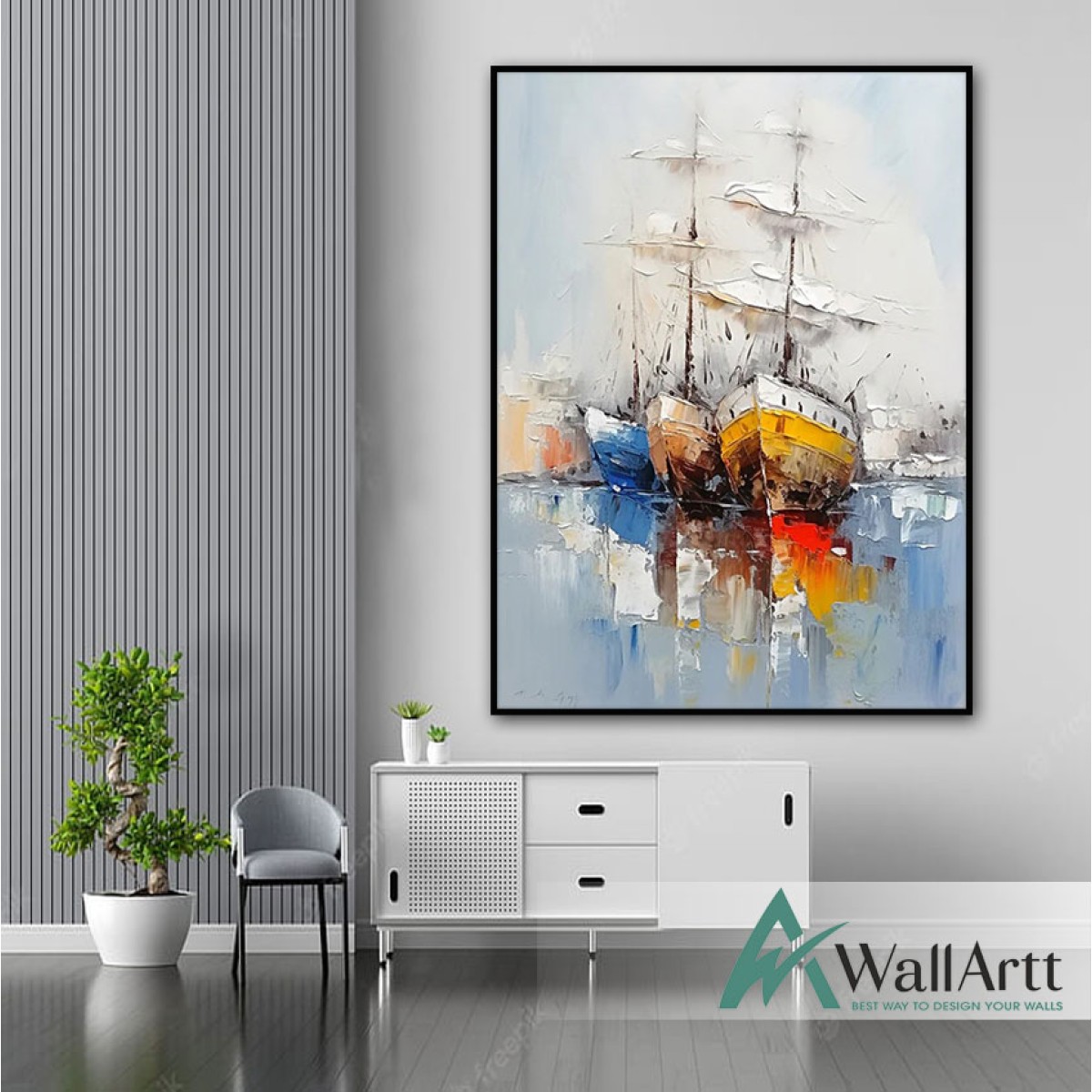 Boats under Storm 3d Heavy Textured Partial Oil Painting